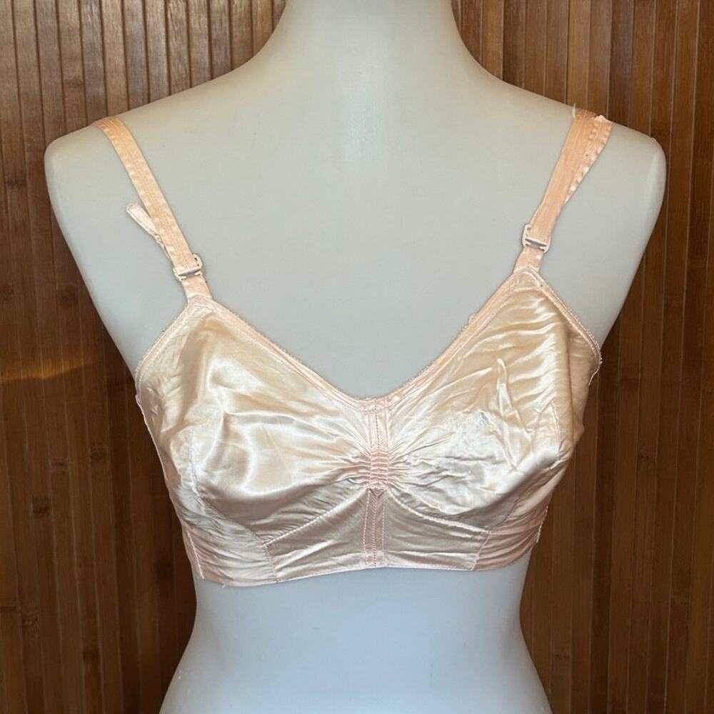 Vintage 1950s Pink Satin Bullet Bra 34C Mid Century Cone Pin Up Lingerie